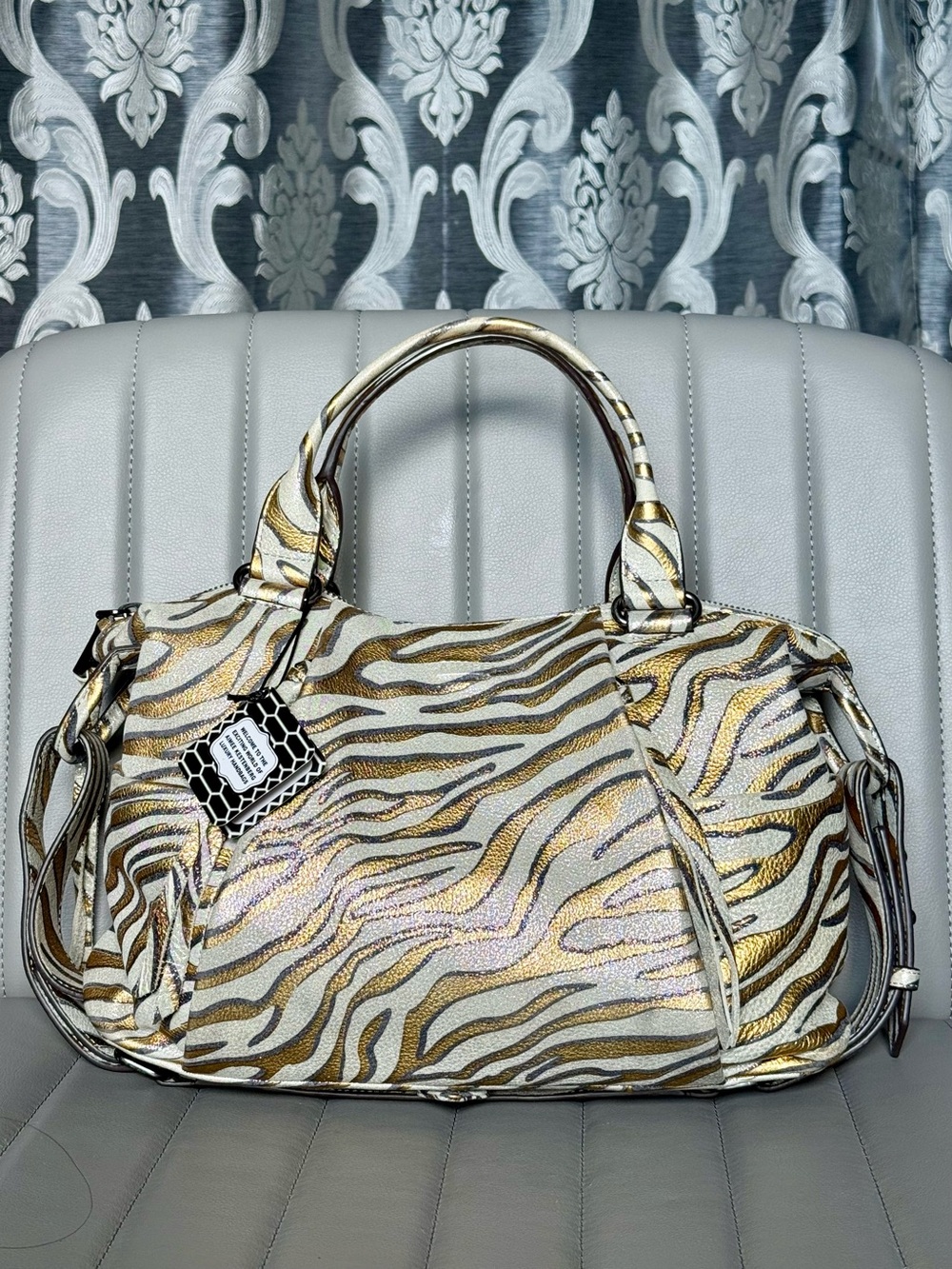 Aimee Kestenberg Zebra Print Tamitha Satchel Metallic Iridescent Gold Bag